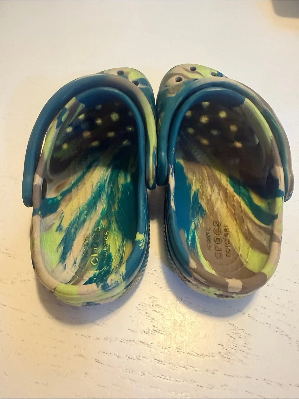 Kids Crocs Slip-On Clogs in Blue & Green swirl pattern